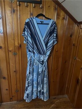 Lane Bryant Blue Striped & Floral Wrap Midi Dress